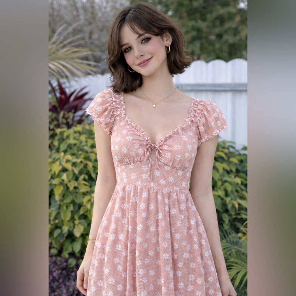 Urban Outfitter Summer BabyDoll Mini Floral Dress Coral Cream SZ S